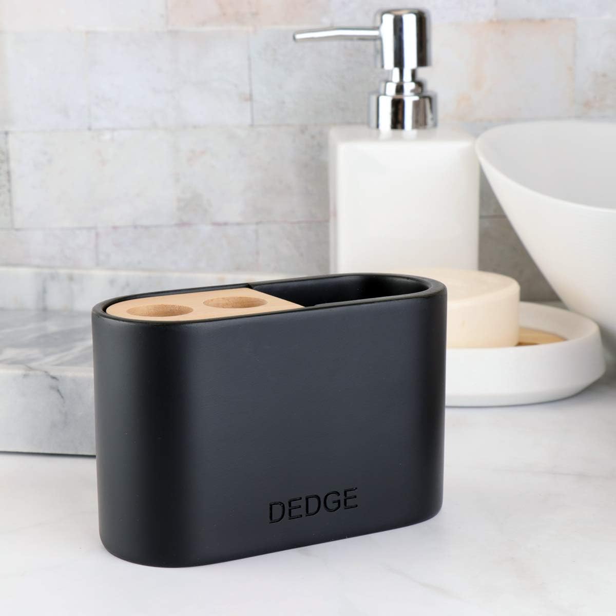 Dedge 3 Slots Bamboo Toothbrush Holder Electric Toothbrush Holder and Toothpaste Holder for Bathroom Countertop Accessories Storage,Toothbrush Holders for Bathrooms, Black Sandstone Style Organizer