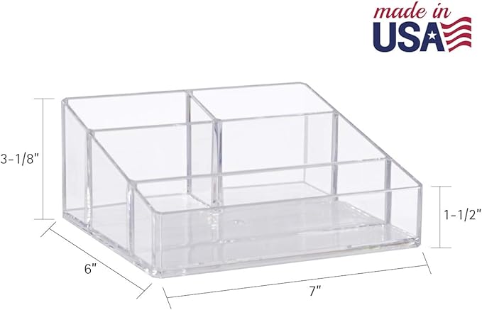 STORi Clear Plastic Small Countertop Vanity Makeup Organizer, Compact Rectangular 4-Compartment Holder for Brushes, Eyeshadow Palettes, & Beauty Supplies, Made in USA