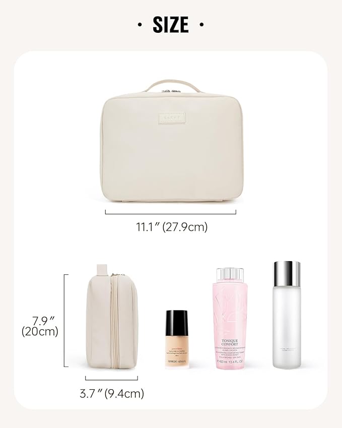 EACHY Toiletry Bag with Hanging Hook, Travel Makeup Bag PU Leather Cosmetic Bags for Women Make Up Organizer with 4 Compartments Waterproof Full-Size Portable Travel Essentials (Beige)