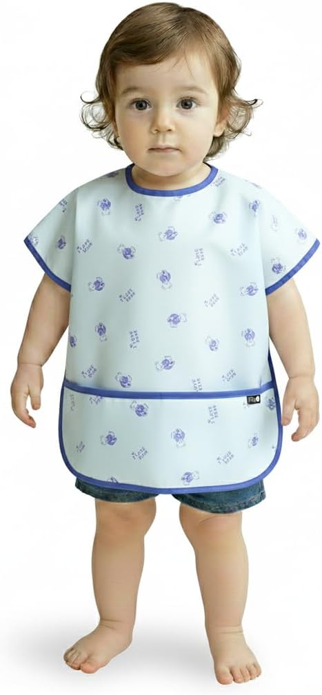 Short Sleeve Waterproof Bib for Toddlers – Easy Clean Feeding Apron for Mealtime, Daycare, Self-Feeding, Lightweight