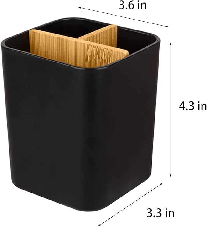 Bamboo Toothbrush Holder for Bathrooms, 3 Slots Toothbrush and Toothpaste Holder Bathroom Counter Organizer for Electric Toothbrushes, Floss, Razors - Black
