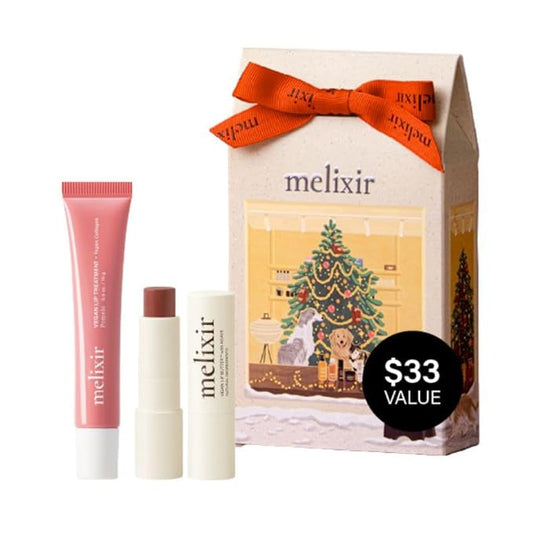 Melixir Vegan Lip Care Duo, Holiday Gift Set for Women, Christmas Stocking Stuffers, Hydrating Tinted Chapstick & Lip Gloss, Collagen & Shea Butter for Dry Lips, Trendy Lip Balm Kit for Teen Girls