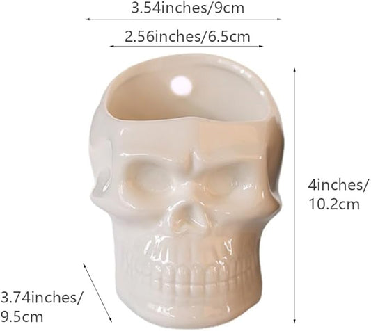 Skull-Shaped Toothbrush Holder, Skull Ceramic Small Storage Tube, Skull Pen Holder, Skull Succulent Flower Pot, Creative Decoration, Wall-Mounted Small Storage Tube (White Skull)