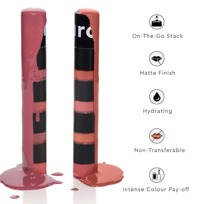 KIRO Four Play Non-Stop Airy Matte Liquid Lip Stack – Ultimate Quad | 4 Nude Lipstick Shades | Long-Lasting, Transfer-Proof, Hydrating, Lightweight | Infused with Avocado & Apricot Oils | 6ml