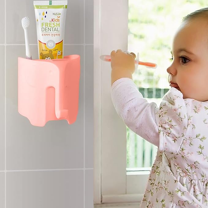 Kids Toothbrush Holder, Cute Elephant Toothbrush Holders for Toddler, Toothbrush Toothpaste Holder for Bathroom, Toothbrush Organizer with 3 Slots and a Hook, Watermelon Red