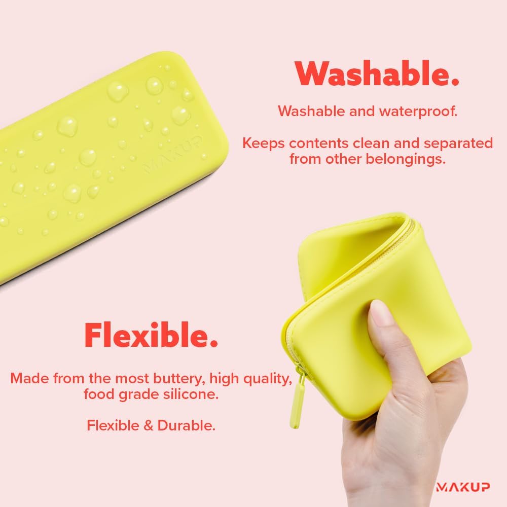 MAKUP Silicone Makeup Bag, Makeup Brush Holder with Zipper for Organizing Cosmetics, Makeup Brushes, Tools and Pencils, Washable Makeup Brush Holder Pouch for Travel (Electric Lime)
