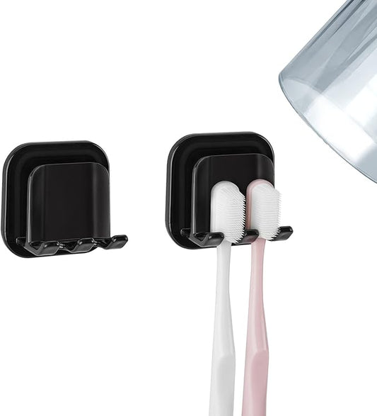 2 PCS Self-Adhesive Toothbrush Holders Wall Mounted, Water Proof Toothbrush Hook, 2 in 1 with Toothbrush Hanger and Gargle Cup Holder for Bathroom Shower (Black)
