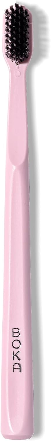 Boka Classic Manual Toothbrush with Extra Soft Activated-Charcoal, Tapered Bristles, Bioplastic Handle That Includes Travel Cap, Dentist-Approved, Great for Adults and Kids, Pink (Pack of 1)