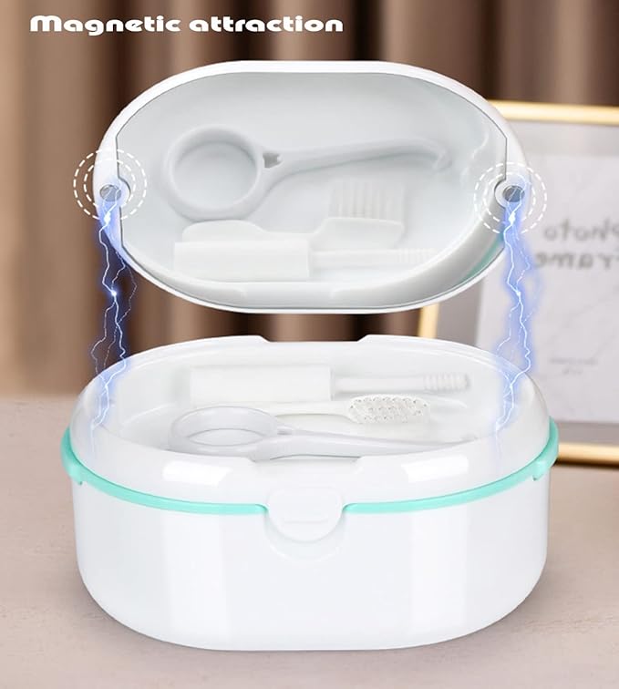 MURRI&MURRDI Retainer Case, Denture Bath Box with Strainer Basket, Mouth Guard Case, Braces Cleaner Cup, Cute Retainer Holder Denture Storage Soak Container for Travel Cleaning (D White)