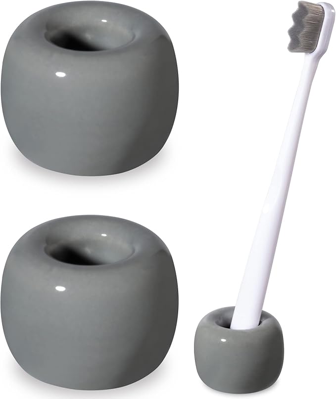 Urbanstrive Sleek Mini Ceramics Toothbrush Holder Stand for Bathroom Vanity Countertops (Gray 2-Pack)