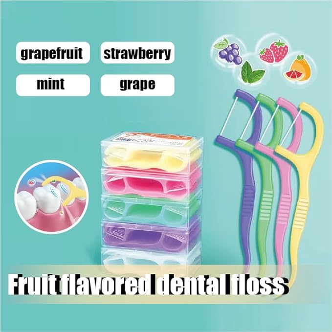 Fruit Flavored Floss，toothpicks，Cleaning Teeth，Ultra-fine Dental Floss Stick, Fight Tooth Decay and Keep Your Teeth Clean，Teeth Cleaning Tool (200 Pieces (Boxed/Double line), Mixed Flavors)