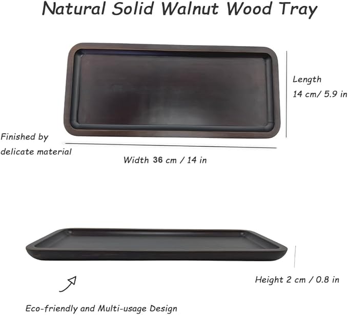 Wood Vanity Tray, Bathroom Counter Solid Walnut Organizer, Toilet Tank Top Wooden Serving Plate for Dinner Tea Coffee (Natural Walnut Color, 14 x 5.9 inch)