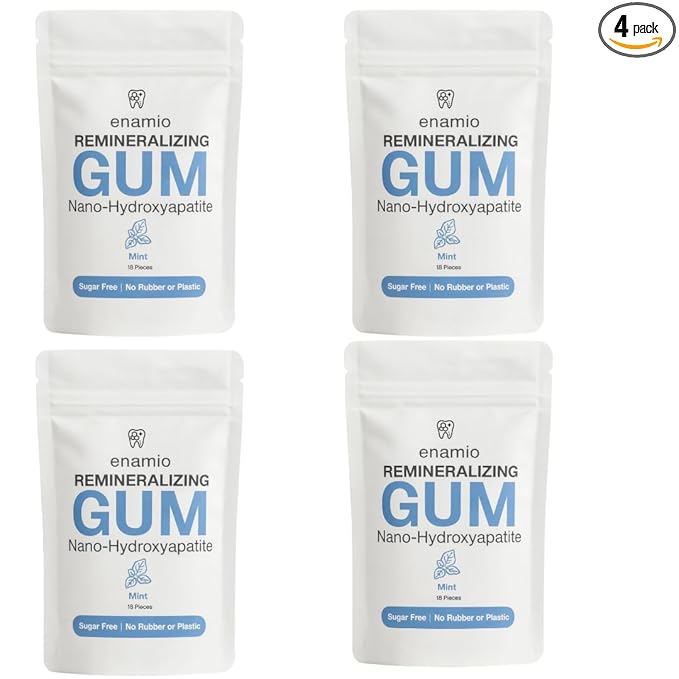Enamio Mint Remineralizing Gum with Nano Hydroxyapatite for Enamel Support & Sensitive Teeth - Xylitol Gum, Plastic Free, Sugar Free, Natural Oral Care - No Aspartame- Made in USA - 4 Pack