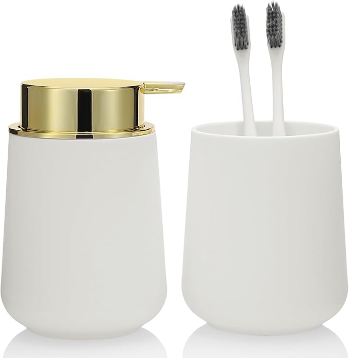 White and Gold Bathroom Accessories 2 Piece Set Luxury Matte Plastic Soap Dispenser and Toothbrush Holder for Modern Bathroom Decor