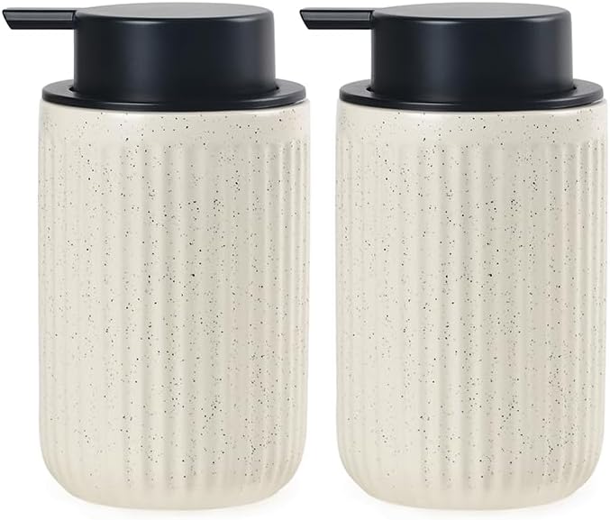 BosilunLife Beige Soap Dispenser Set - 2 Pack 12oz Ceramic Dish Soap Dispenser with Rust Proof Pump for Kitchen, Hand Soap and Lotion Set Suitable for Farmhouse Bathroom Decor