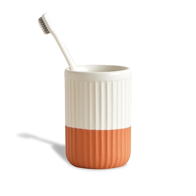 Hand Dipped Two-Tone Ceramic Toothbrush Holder, Terracotta and Cream Tumbler for Bathroom Countertop, Rippled Orange Makeup Brush Holder, Pen Organizer, Multipurpose Bathroom Accessory