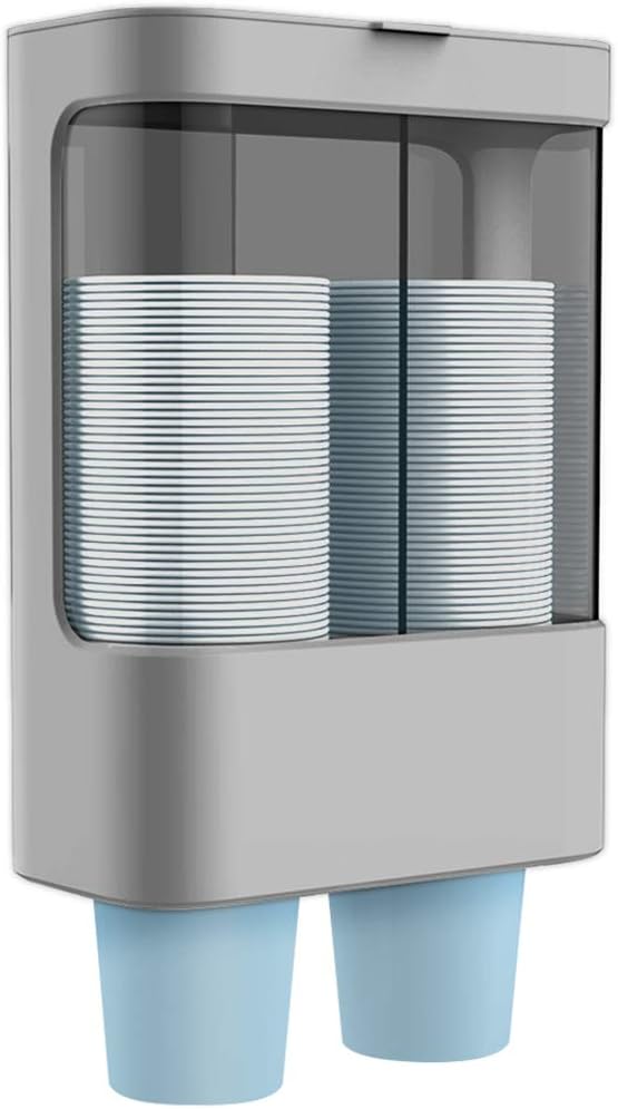 LBTING Water Cooler Cup Dispenser, Pull Type Cup Holder Wall Mounted Fit 4oz - 6oz Small Cup, Double Tube Disposable Cups Dispenser for Cone or Flat Bottom Cups – Gray