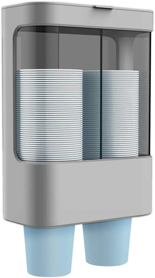LBTING Water Cooler Cup Dispenser, Pull Type Cup Holder Wall Mounted Fit 4oz - 6oz Small Cup, Double Tube Disposable Cups Dispenser for Cone or Flat Bottom Cups – Gray
