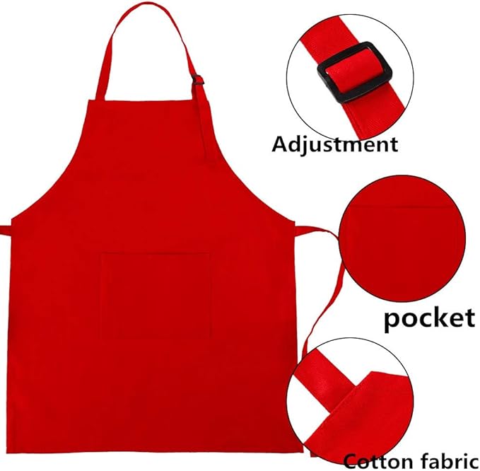 Kids Apron and Chef Hat Set, Adjustable Cotton Child Aprons with Large Pocket Red Girls Boys Kitchen Bib Aprons for Cooking Baking Painting
