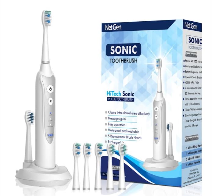 Sonic Electric Toothbrush for Adults with 5 Toothbrush Replacement Heads, 3 Brushing Modes & 2 Minutes Built-in Timer, Travel Toothbrushes with Inductive Charging, Rechargeable toothbrush | White