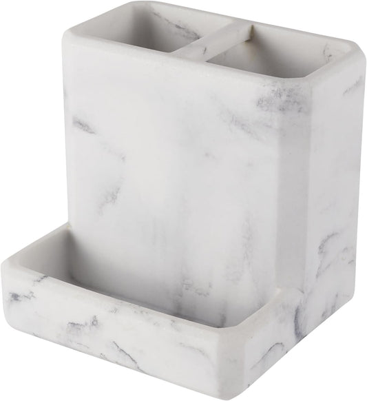 Toothbrush Holder for Bathrooms Organizer Countertop Organizer Accessories, with 3 Compartment Storage for Toothbrush Toothpaste Floss Razors, White Imitation Marble Finish Toothbrushholder03