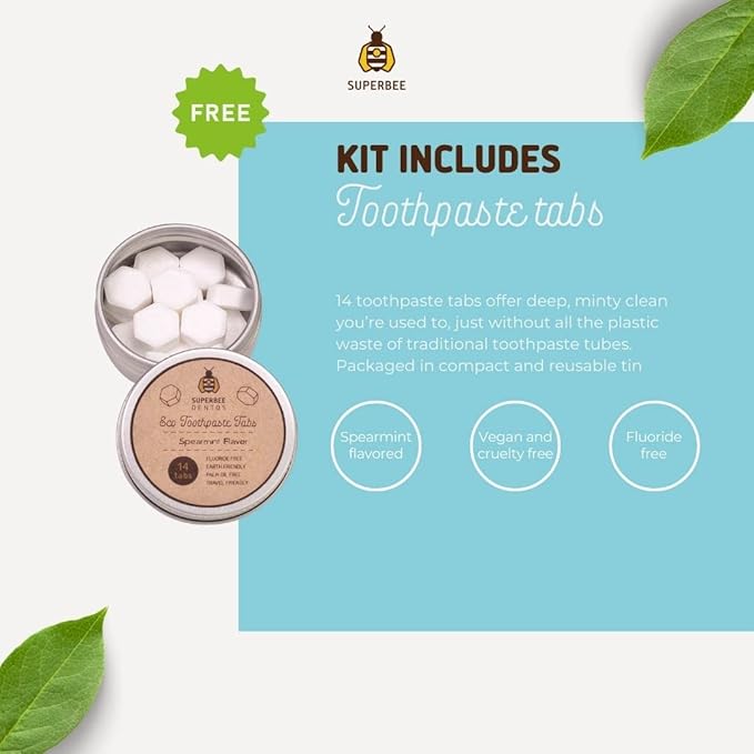 SuperBee Family kit with Dentos Toothpaste Tablets 300 tabs, Natural Floss, Soft Bristles Bamboo toothbrushes - Fluoride Free & Eco Friendly, Housewarming Gift Christmas Plastic Free