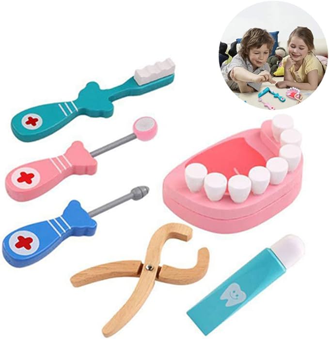 Wooden Dentist Toy Kit Pretend Play Teeth Tools Educational Doctor Role Play Set for Kids 6PCS Dentist Simulation Toy Educational for Boys Girls Early Learning