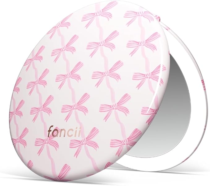 Fancii Taylor LED Lighted Travel Makeup Mirror, Rechargeable, 10x /1x Magnifying, Tru-Glow Lighting System, XL Large 5” Wide | Compact Mirror for Purses (Rosette Ribbon)