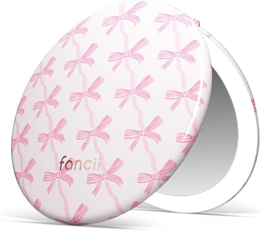 Fancii Taylor LED Lighted Travel Makeup Mirror, Rechargeable, 10x /1x Magnifying, Tru-Glow Lighting System, XL Large 5” Wide | Compact Mirror for Purses (Rosette Ribbon)