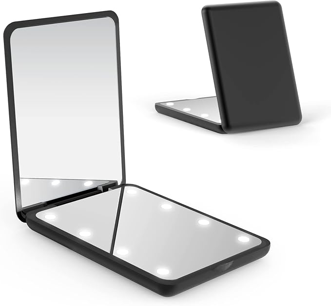 WOBSION Small Mirror with Lights,LED Compact Makeup Mirror,1x/3x Mini Travel Mirror with Magnification,Portable for Purse,Pocket,Gifts for Girls,Black