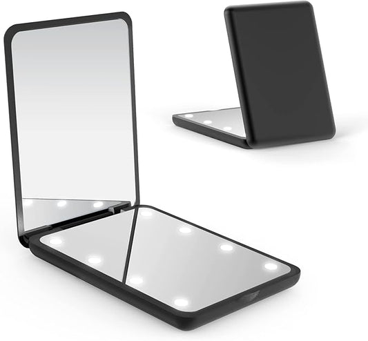 WOBSION Small Mirror with Lights,LED Compact Makeup Mirror,1x/3x Mini Travel Mirror with Magnification,Portable for Purse,Pocket,Gifts for Girls,Black