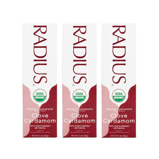 RADIUS Toothpaste, Clove Cardamom, 3 oz, USDA Organic Non-Toxic Chemical-Free Gluten-Free, Designed to Improve Gum Health & Prevent Cavities, Pack of 3