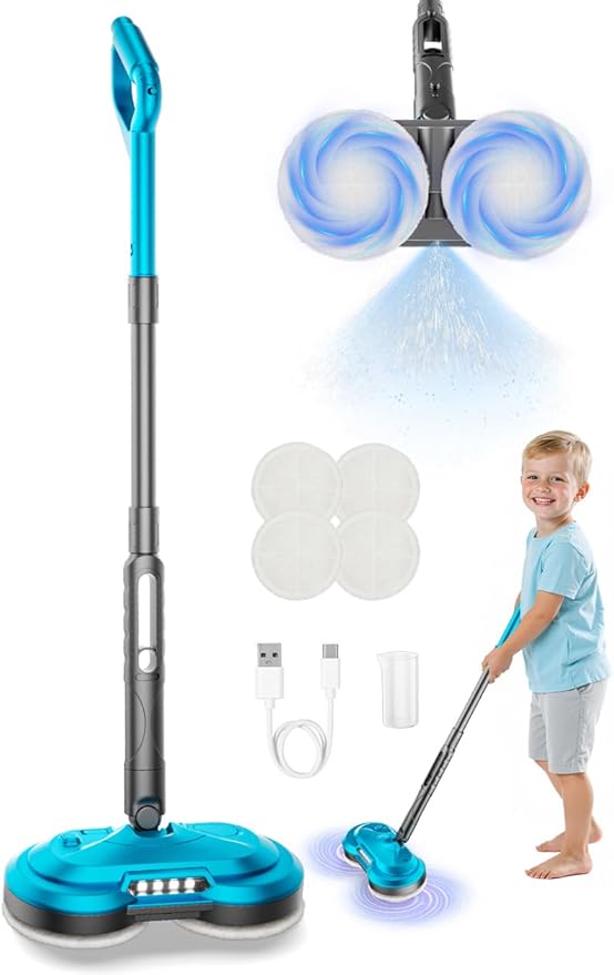 Kids Toy Electric Spin Mop, Rechargeable Cordless Electric Mop W/ Water Sprayer & LED Headlight for Children Ages 3 4 5 6+ Boys & Girls, Cleaning Toy for Pretend Play (Blue)
