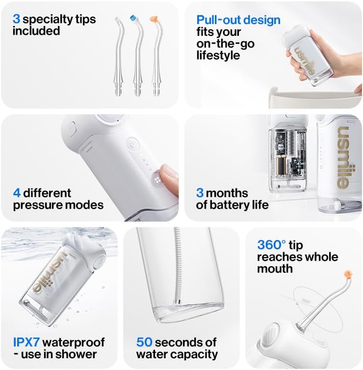 usmile C10 Portable Water Flosser – Travel-Friendly, 95-Day Battery, 4 Modes, 360° Nozzle, 180ml Tank, IPX7 Waterproof, Dentist-Recommended for Braces, Implants & Sensitive Gums (White)