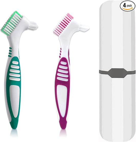 Denture Brush, 2 Pcs False Teeth Toothbrush with White Carrying Case, Multi-Tiered Bristles with Comfort Grip Handle for Effective Denture Cleaning