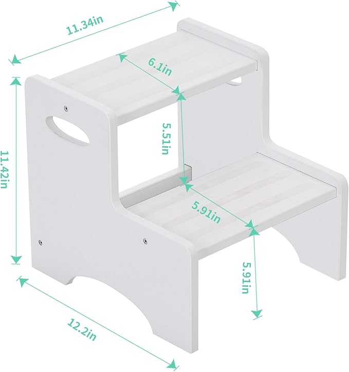 Wooden Toddler Step Stool for Kids, Two Step Stool with Non-Slip Pads & Handles, Potty Training Stool for Bathroom Sink, Toilet, Kitchen, Bedroom (White)