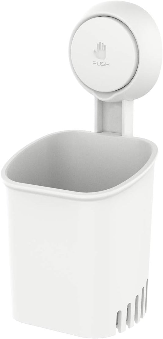 LEVERLOC Powerful Suction Cup Toothbrush Holder, Drill-Free Wall Shower Holder for Toothbrush, Toothpaste, Razor, Removable Suction Cup in Shower, Self-draining Kitchen Tableware Organizer, White