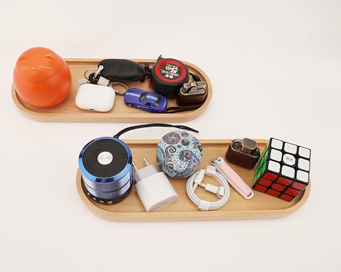 Fermus Wooden Tray, Set of 2, 12.5 Inch Long, Jewelry Dish Cosmetics Organizer Bathroom Clutter Wood Decorative Serving Platter Small Storage Tray, Oval (2 Pack)