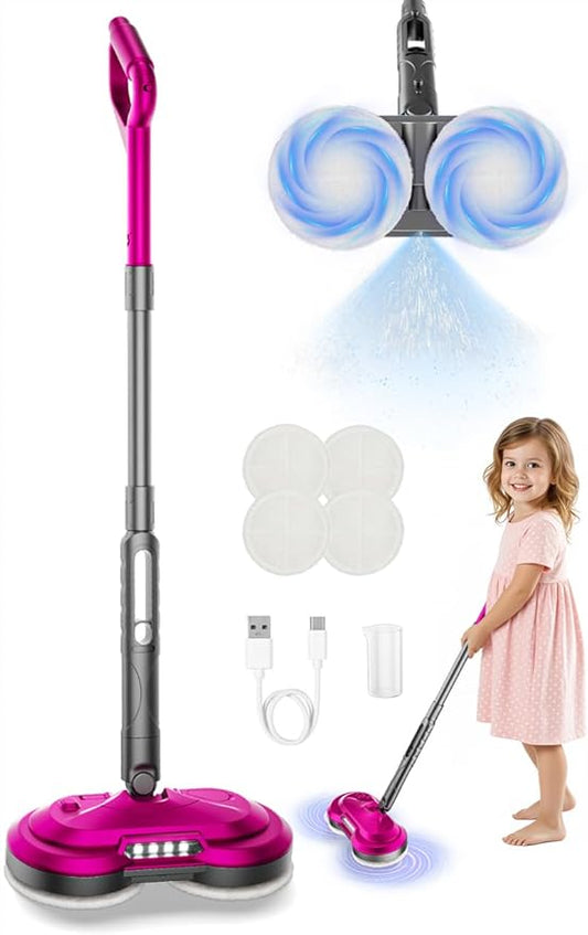 Kids Electric Spin Mop Toy, Rechargeable Cordless Electric Mop W/Water Sprayer & LED Headlight for Children Ages 3 4 5 6+ Boys & Girls, Cleaning Toy for Pretend Play (Rose Red)