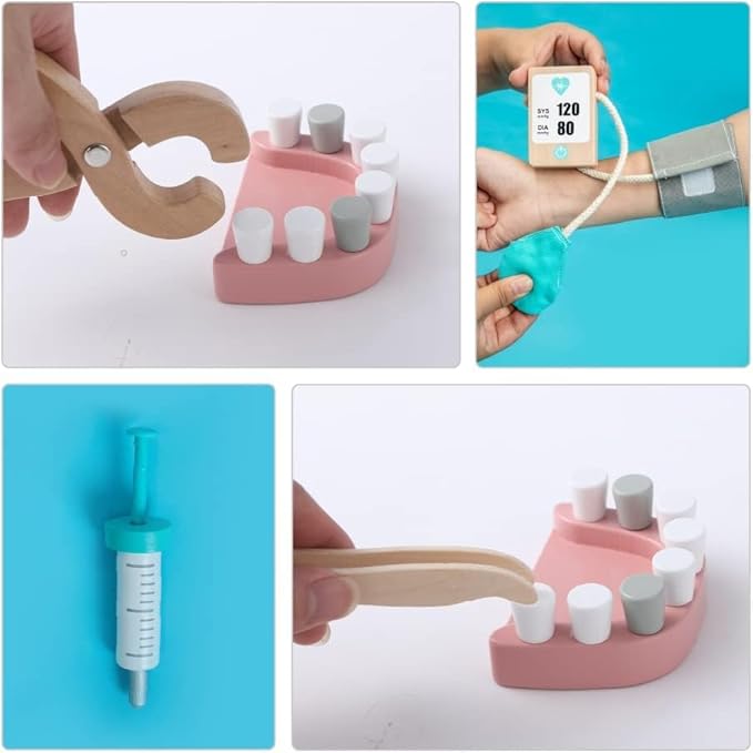 UMU® Wooden Doctor Kit for Kids – 18 pcs Doctor and Dentist Play Set for Toddlers with Stethoscope, Syringe, Tooth Model & More – Medical Pretend Play Toy for Boys and Girls Ages 3 4 5 6