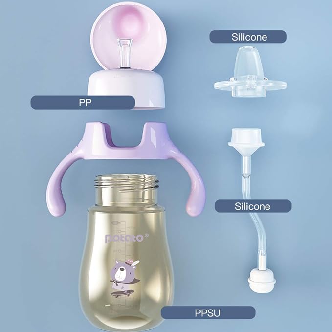 POTATO Sippy Cups For Toddlers with Straw Spill Proof, PPSU Learner Cup with Handle for Girl, Water Bottle for Baby 6 Months with 2 Type of Spout, 6 Ounce Pink