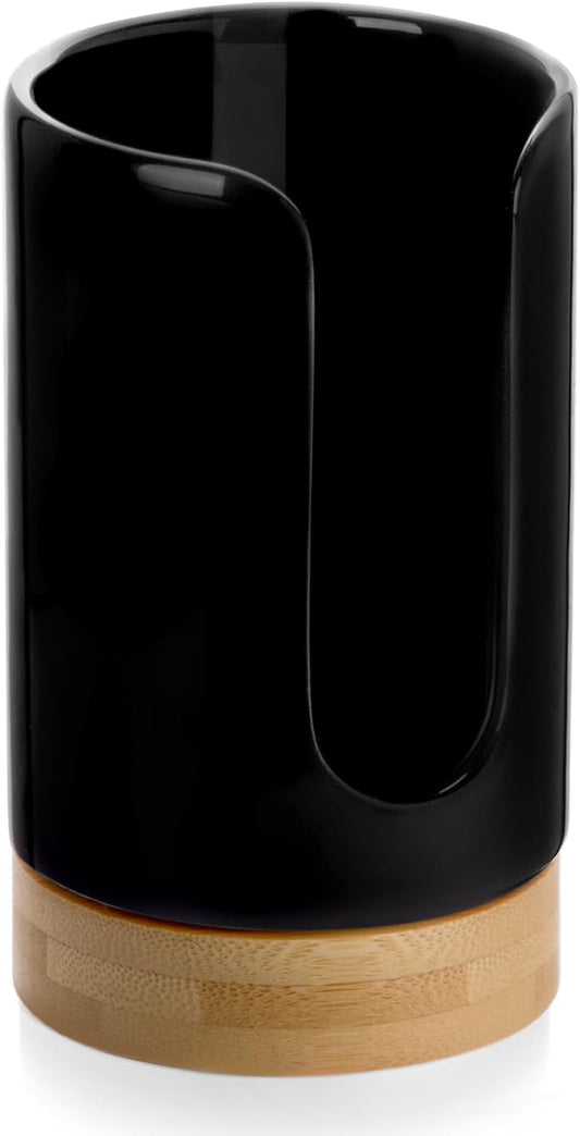 Ceramic Bathroom Cups Dispenser - 3-5 oz Disposable Paper & Plastic Bathroom Cups Holder - Mouthwash Cups Dispenser for Bathroom, Guest Toiletries, Countertop, Coffee - BPA Free (Black)