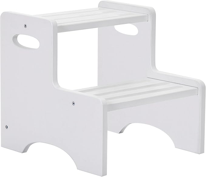 Wooden Toddler Step Stool for Kids, Two Step Stool with Non-Slip Pads & Handles, Potty Training Stool for Bathroom Sink, Toilet, Kitchen, Bedroom (White)