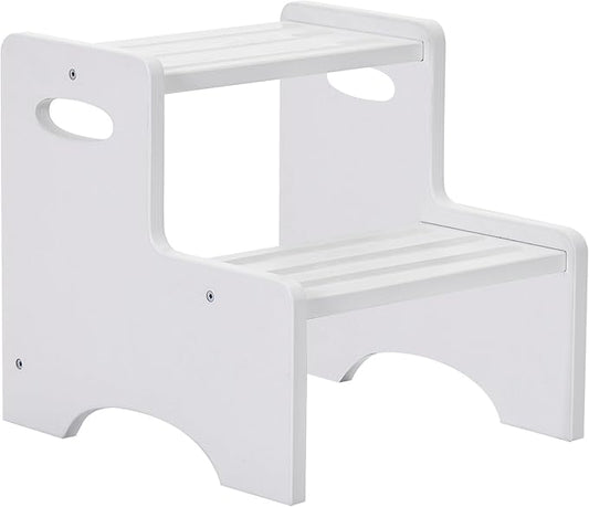 Wooden Toddler Step Stool for Kids, Two Step Stool with Non-Slip Pads & Handles, Potty Training Stool for Bathroom Sink, Toilet, Kitchen, Bedroom (White)