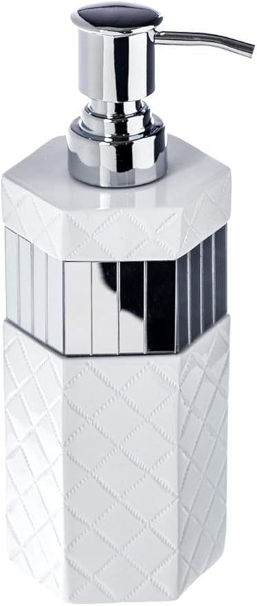 Creative Scents Quilted Mirror White Hand Soap Dispenser for Bathroom - Decorative Lotion Dispenser with Durable Metal Pump, Resin Countertop Shower Dispensers for Elegant Bathroom Decor