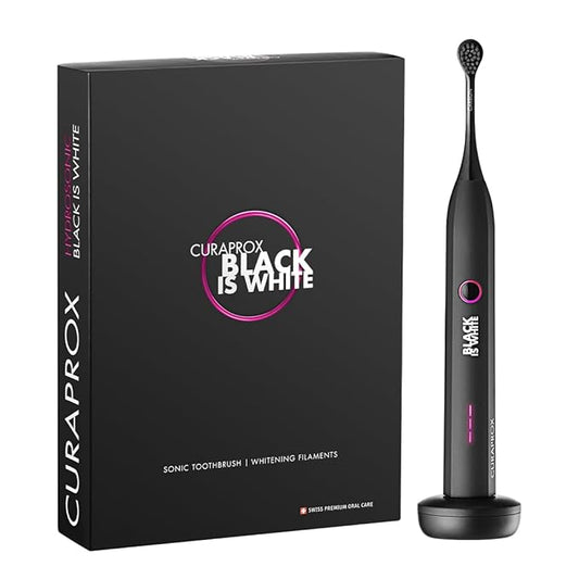 Curaprox Black is White Hydrosonic Toothbrush – Teeth Whitening and Gum Care | Ultra-Gentle Cleaning with Carbon Brush Heads | Set with Charger and Travel Case
