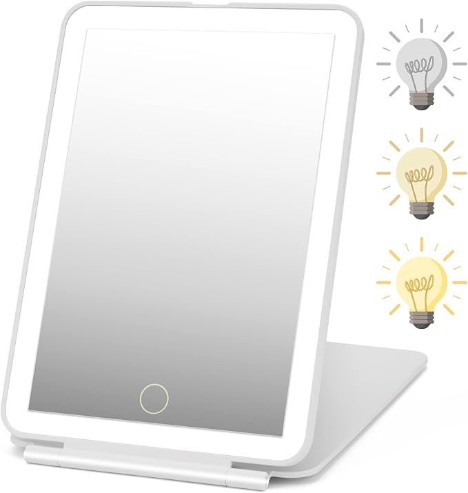 Rechargeable Travel Makeup Mirror 72 LED Lighted Compact Slim Vanity with Lights 3 Lighting Modes Dimmable Touch Screen (White),(DenCert)