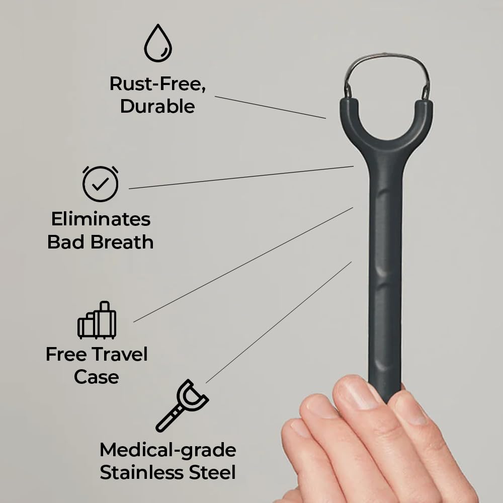 Venneir® Tongue Scraper with Travel Case, Oral Glide Pro–Bad Breath Treatment, Medical-Grade Stainless Steel– for Adults & Kids. 100% Rustproof, Sleek & Effective Design (Slate White)