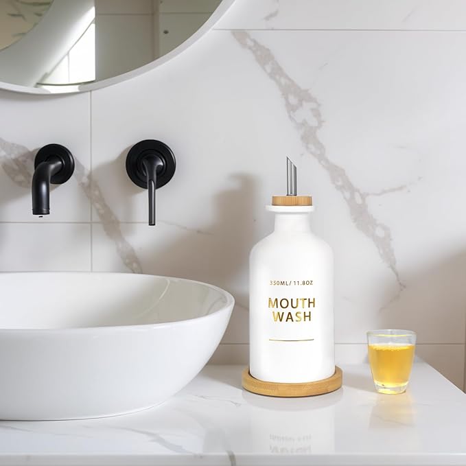 Mouthwash Dispenser for Bathroom 11.8oz – Glass Mouthwash Bottle with Cup & Bamboo Tray, Gold Hot-Stamped Lettering, Nordic Style Countertop Accessory, White Bathroom Accessories (White)