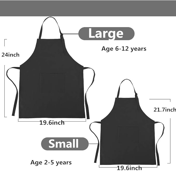 Kids Apron and Chef Hat Set, Adjustable Cotton Child Aprons with Large Pocket Black Girls Boys Kitchen Bib Aprons for Cooking Baking Painting